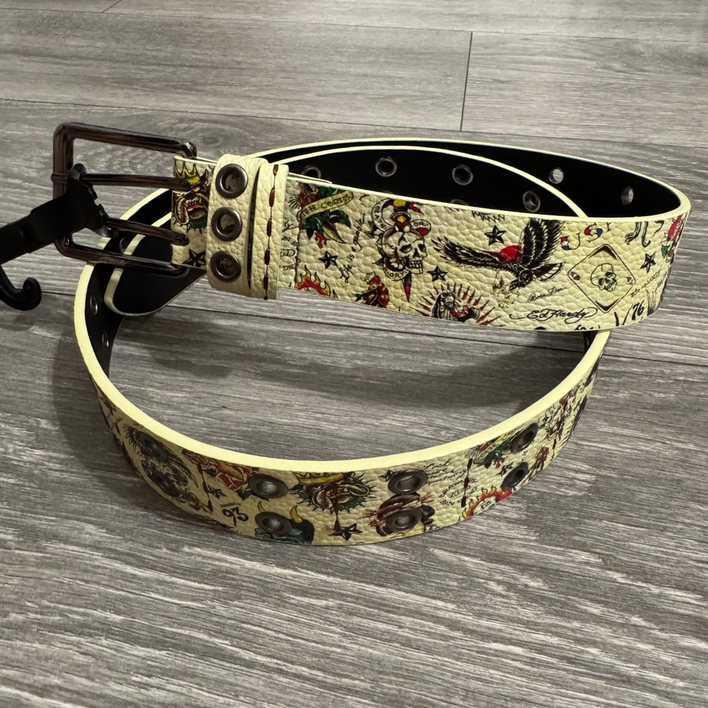 Ed Hardy Mens Tattoo Print Grommet Belt Cream Skulls Eagle Y2K Skater Size 38